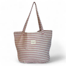 Load image into Gallery viewer, Grosse Tasche aus bedrucktem Leinen stripes rose