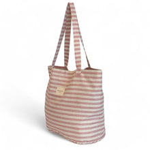 Load image into Gallery viewer, Grosse Tasche aus bedrucktem Leinen stripes rose