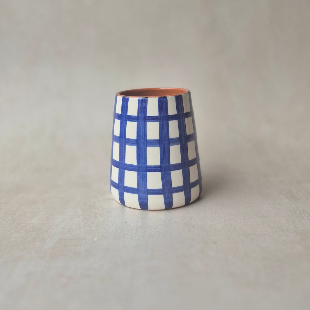 Vase Vulkan mini breit kariert marineblau