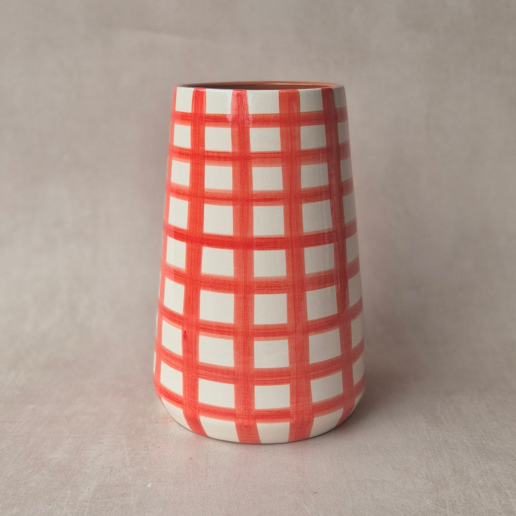 Vase Vulkan gross breit kariert rot