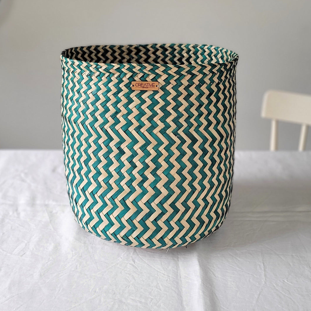 Panier tissé main zigzag pétrole medium 