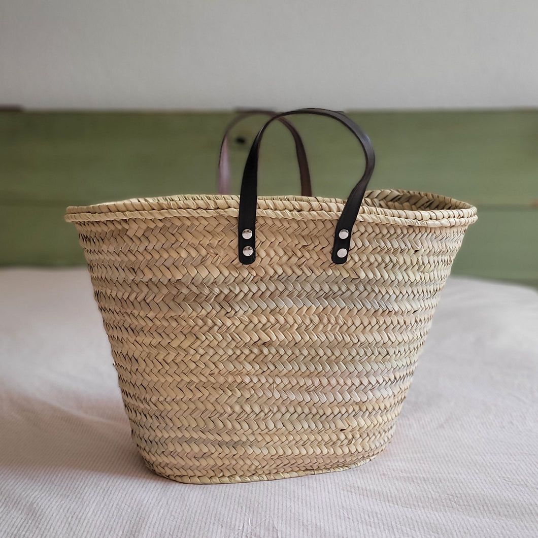 Market basket with short leather handles, dark