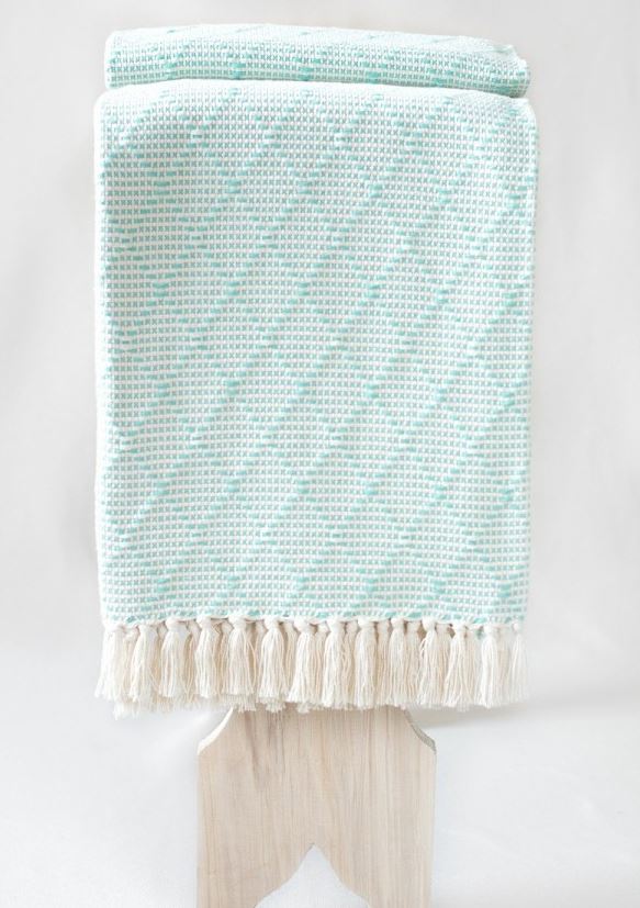 Handwoven cotton blanket (checkered, mint)